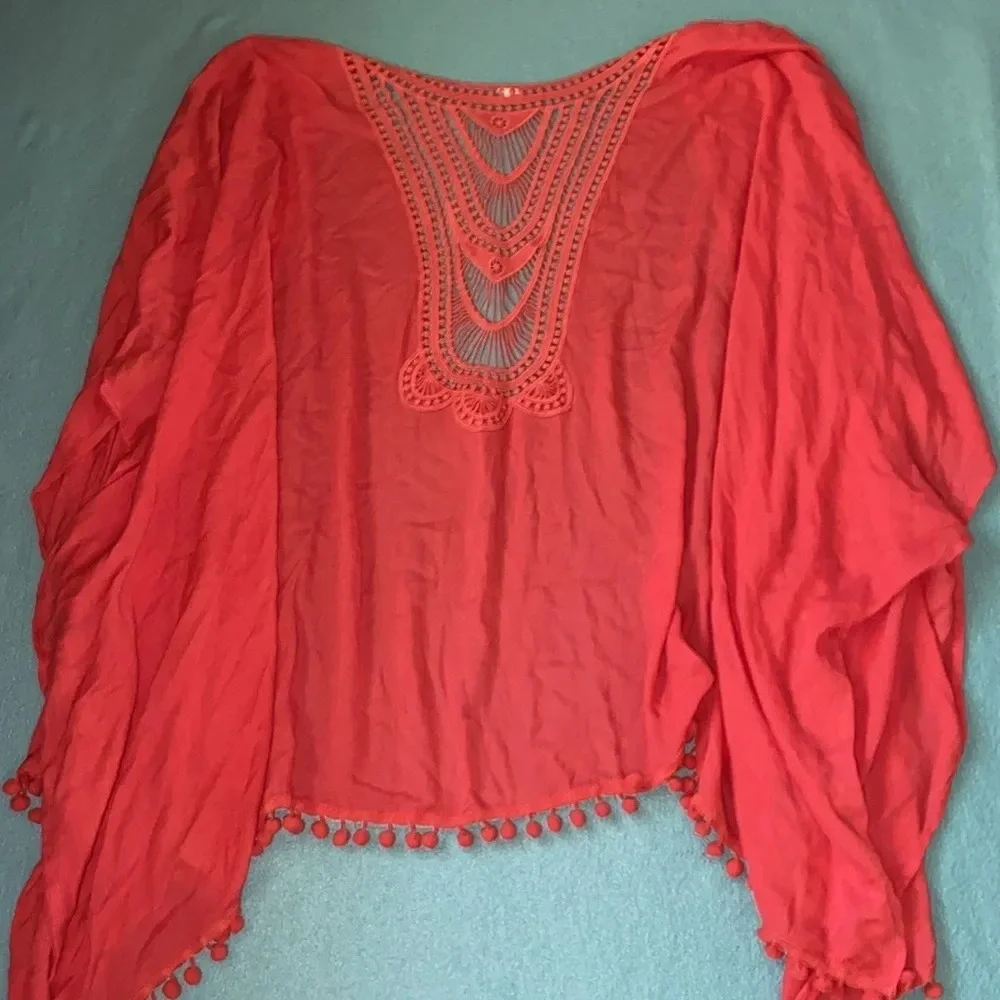 LANE BRYANT crochet & pom poms cover up kimono coral side slits NEW size OSFA